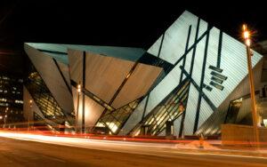 Royal Ontario Museum with lights on the side