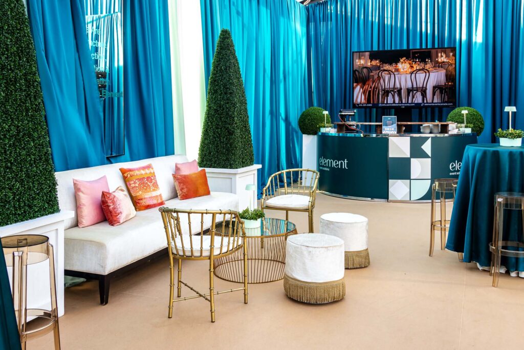 Furniture Rentals: Elegant event space with blue decor