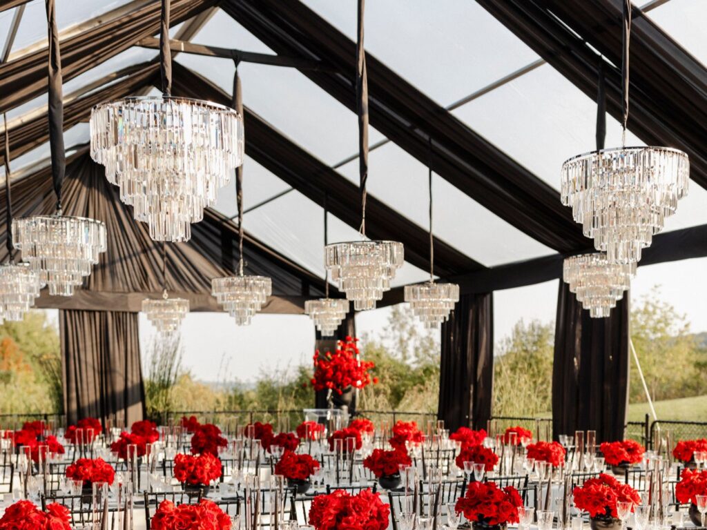 Elegant dining setup with red roses