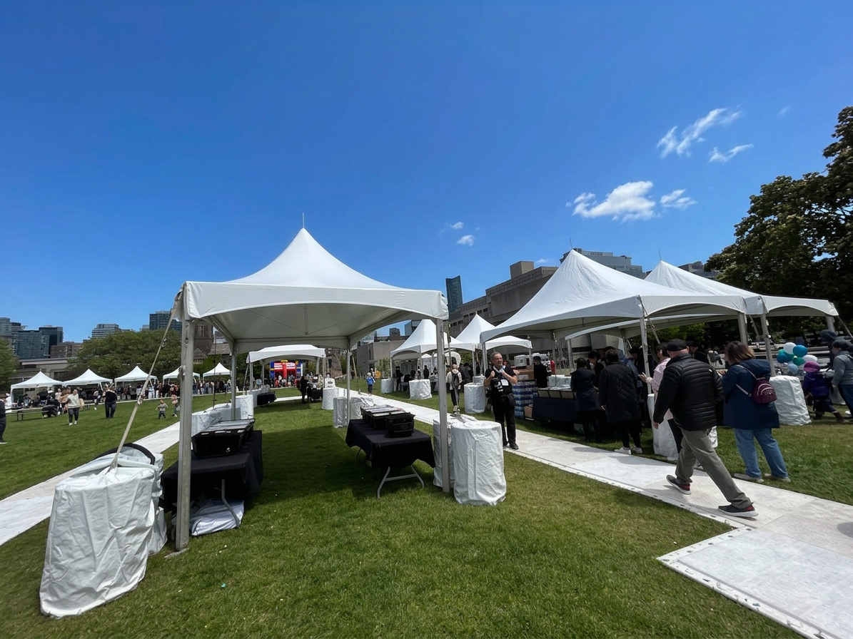 Outdoor event with white tents.
