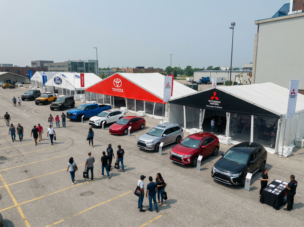 Car exhibition with multiple brands displayed.