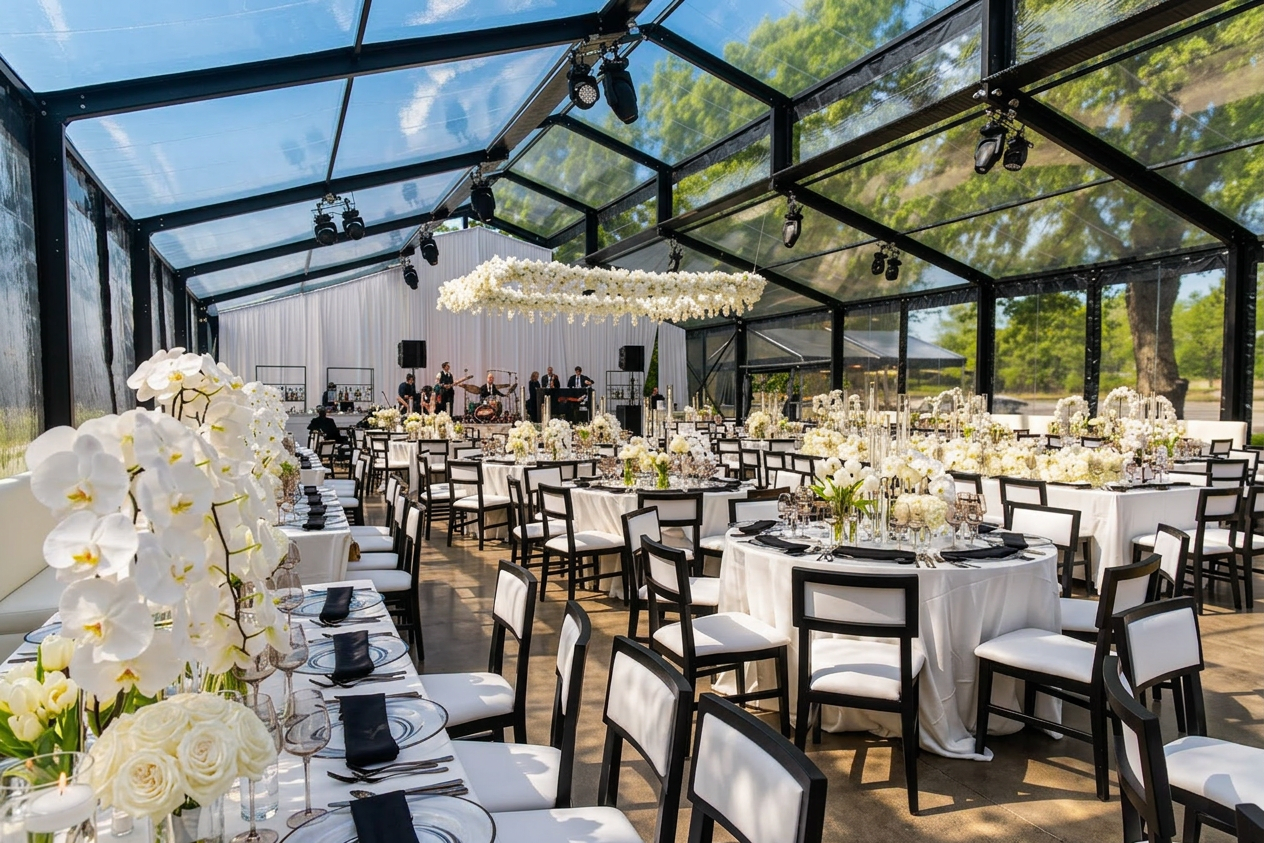 Elegant wedding reception in glass venue