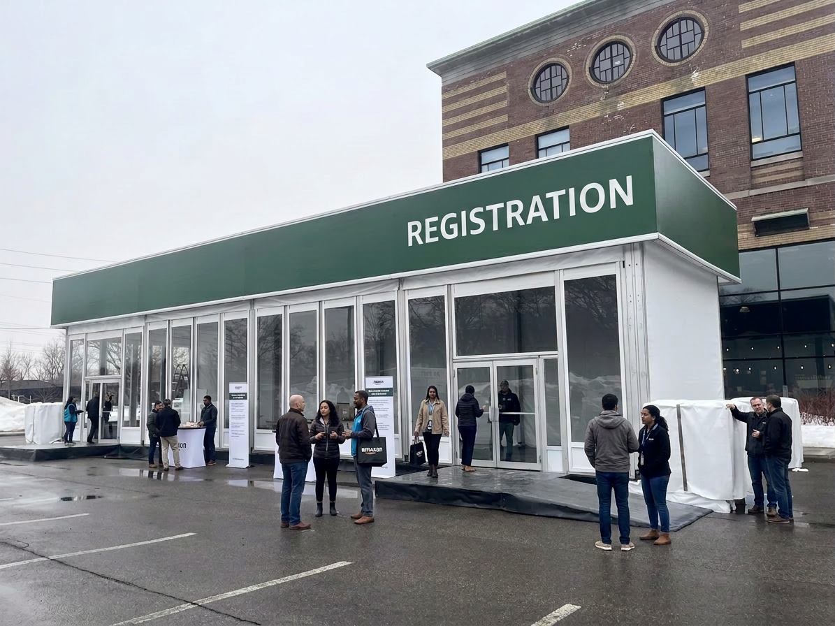Event registration area with attendees.