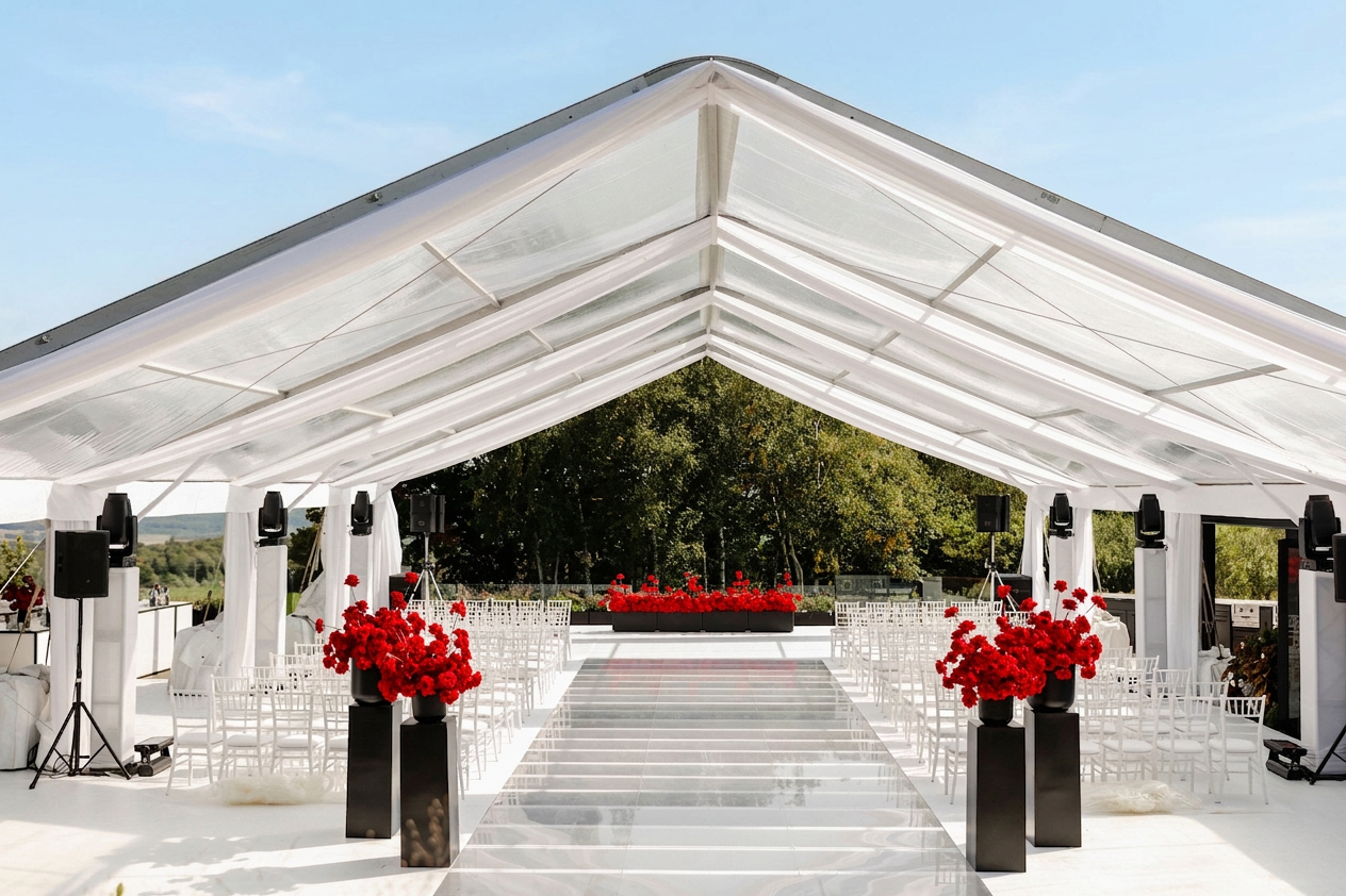 Elegant wedding venue with red flowers