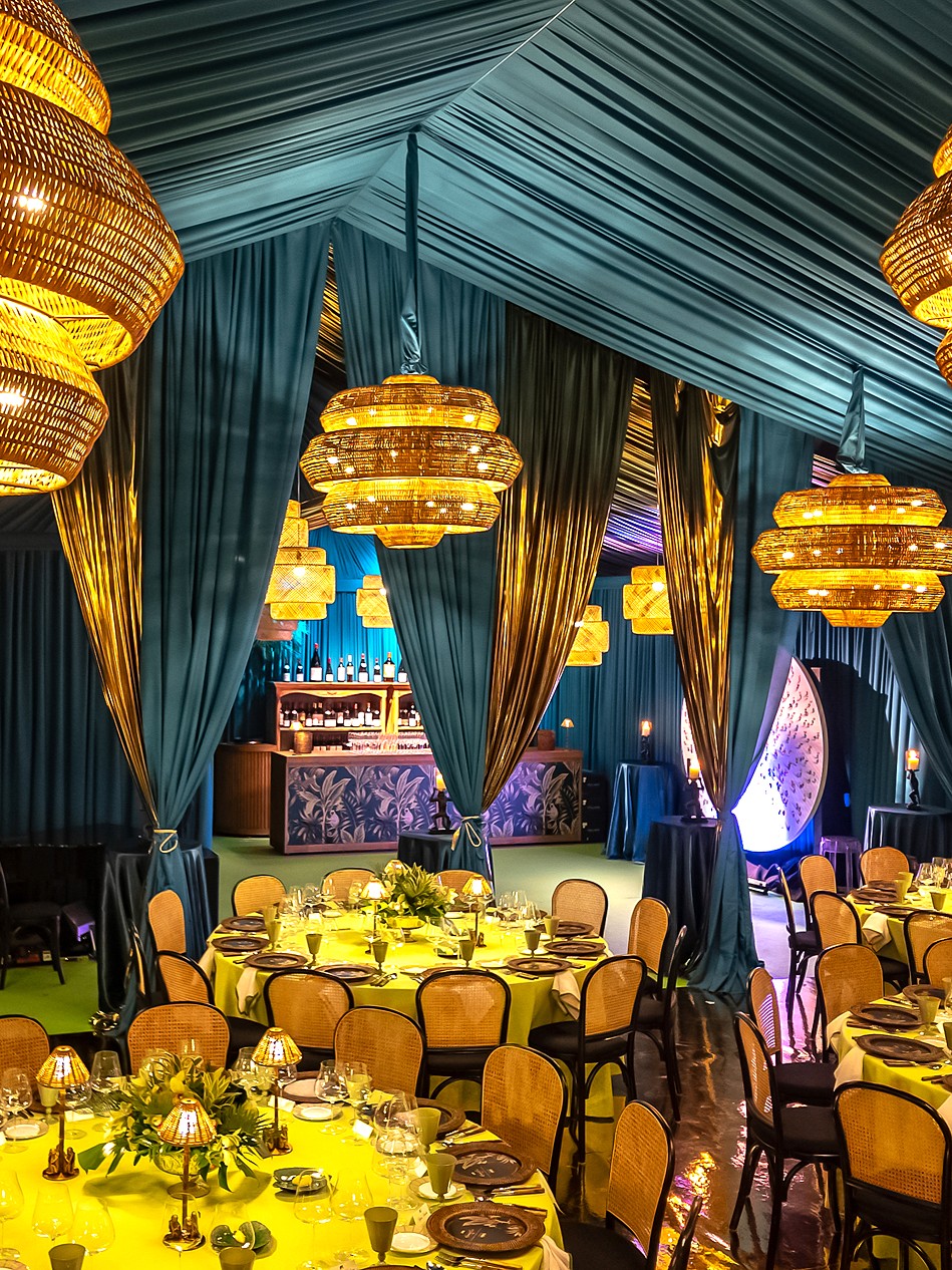 Elegant banquet hall with vibrant decor