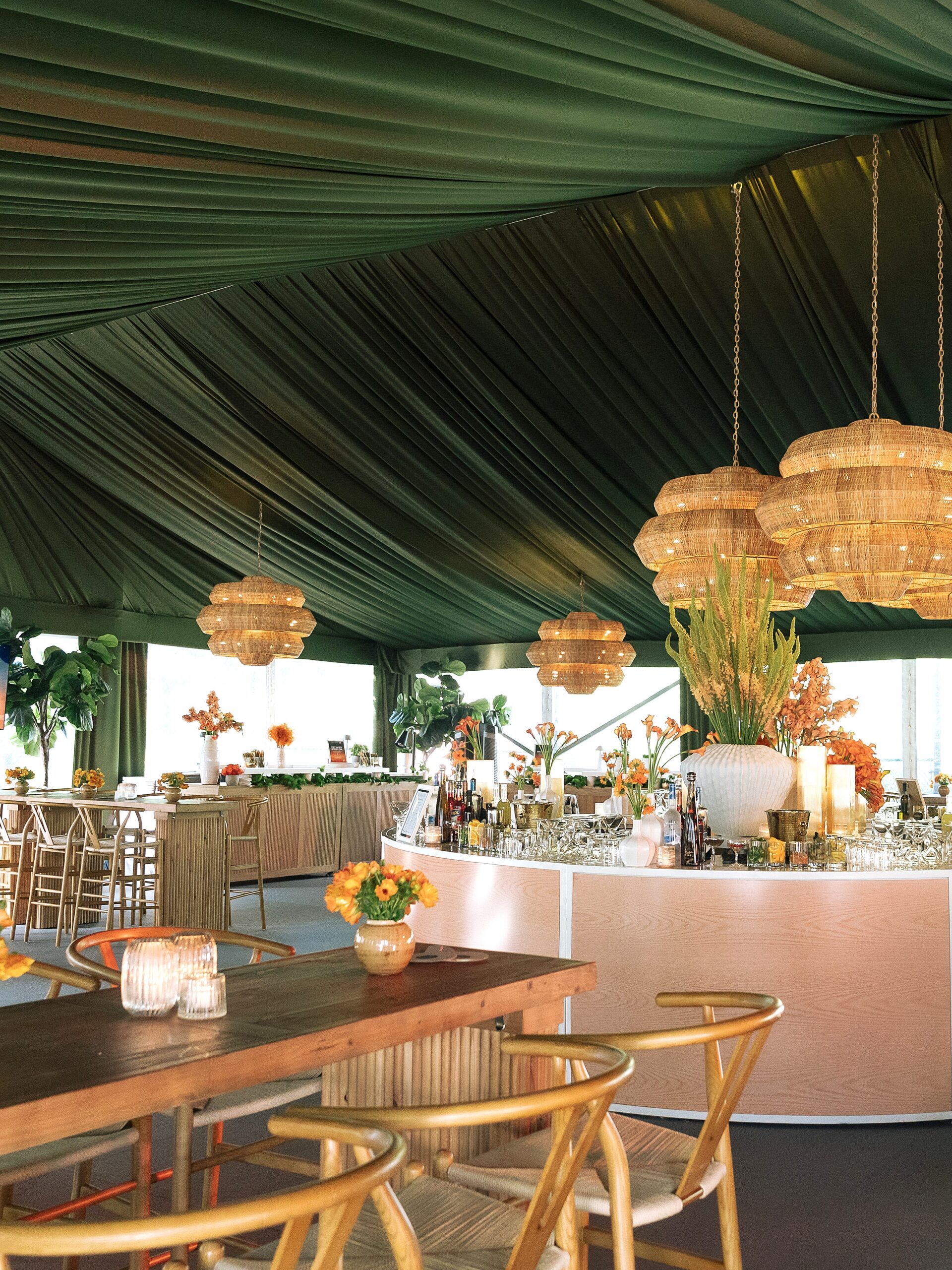 Elegant tent interior with floral decor