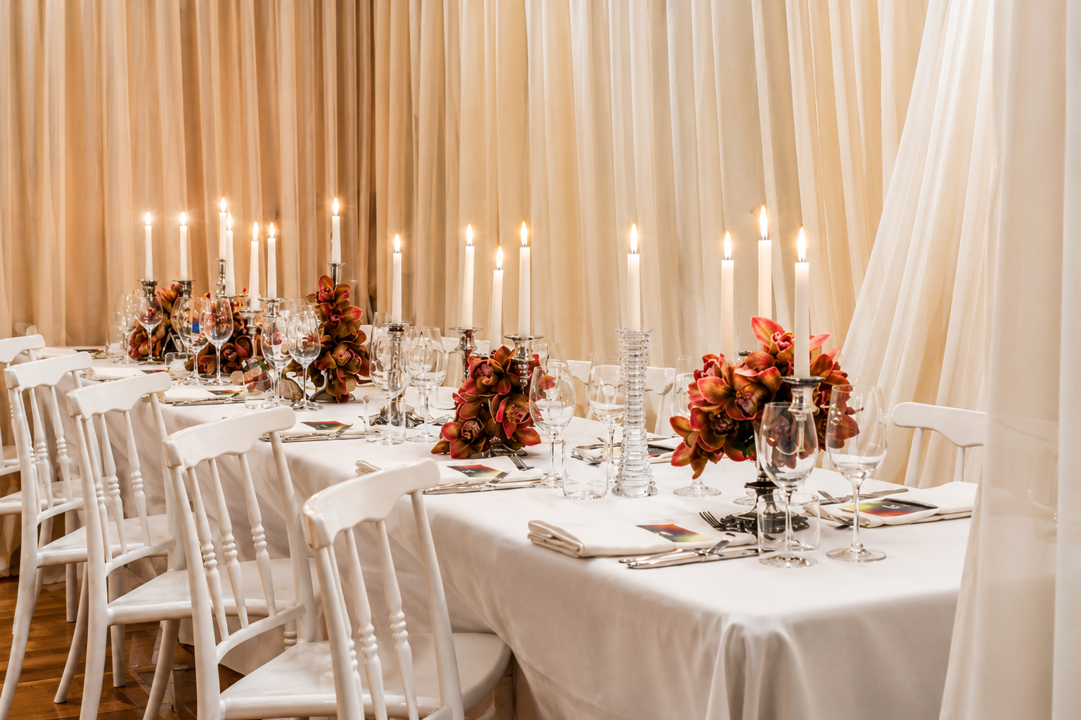Elegant dining setup with candles.