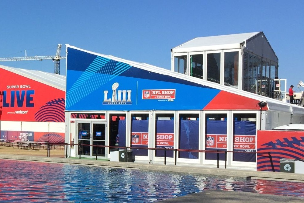 Super Bowl LIII promotional event tent with Q series tent